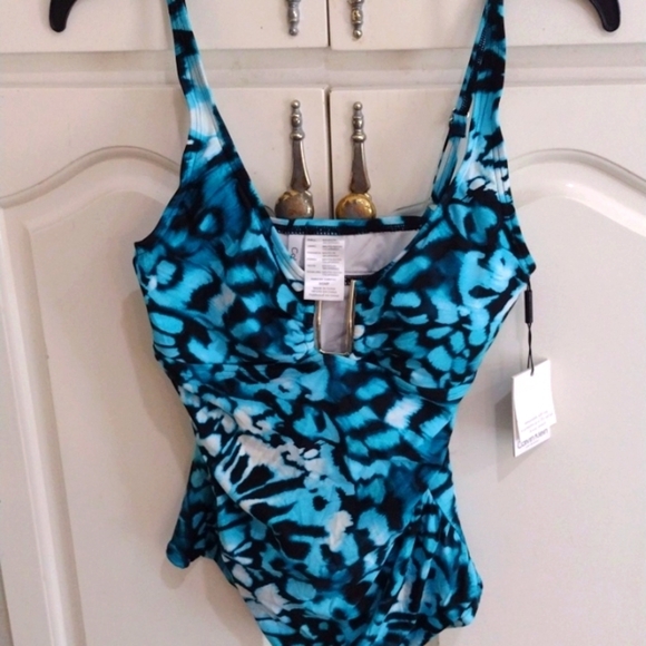 NWT Calvin Klein Aqua Blue Gold accent Tankini Top Small - Picture 9 of 9